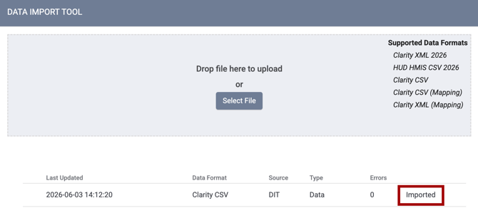 Data Import Tool File shows as Imported