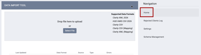 Data Import Tool Navigation Section Home Page