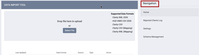 Data Import Tool Navigation section