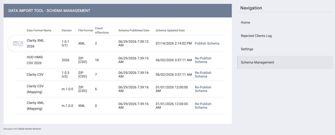 Data Import Tool Schema Management section of Navigation