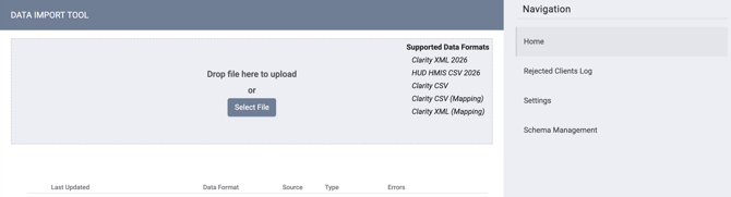 Data Import Tool Section of Clarity HS