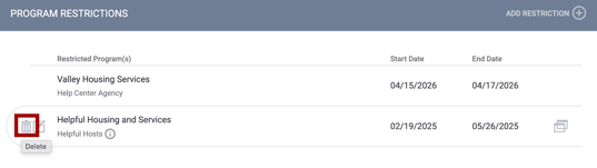 Delete Icon on Program Restrictions section