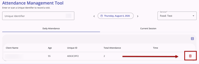 Delete icon showing to the right of a client row on the Attendance Management Tool