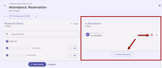 Deleting records from the In Attendance section