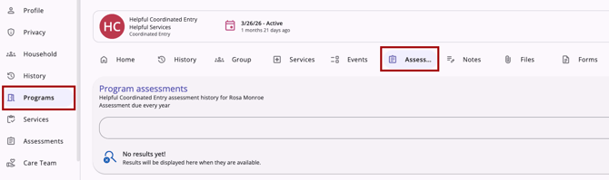 Direct Referrals Program Assessments Tab
