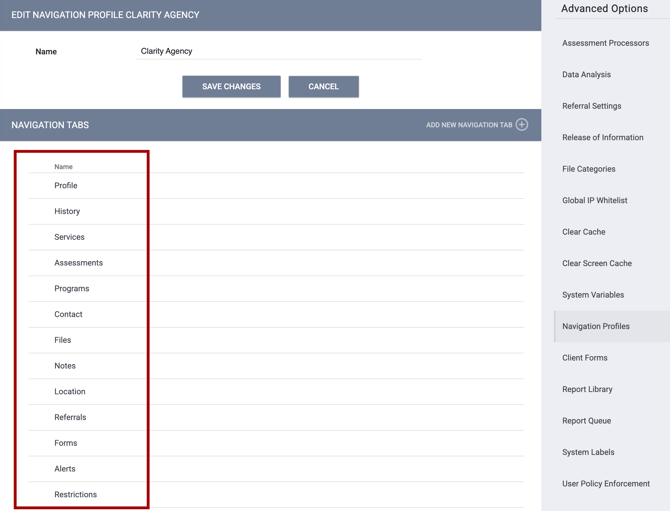 Edit Navigation Profile page showing the available Navigation tabs