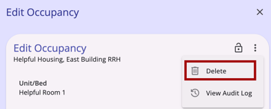 Edit Occupancy Modal with the Action Menu and Delete Option Shown
