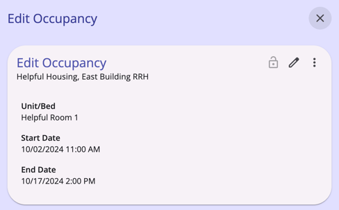 Edit Occupancy modal for Unit Bed occupancy record
