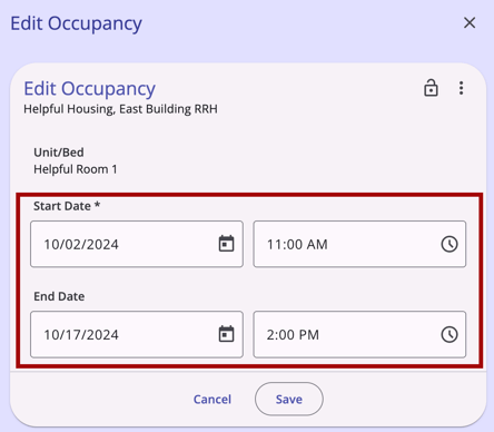 Edit Occupancy modal in Edit mode showing editable fields