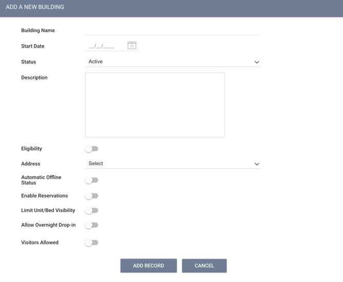 Example of a blank Add a new building settings screen
