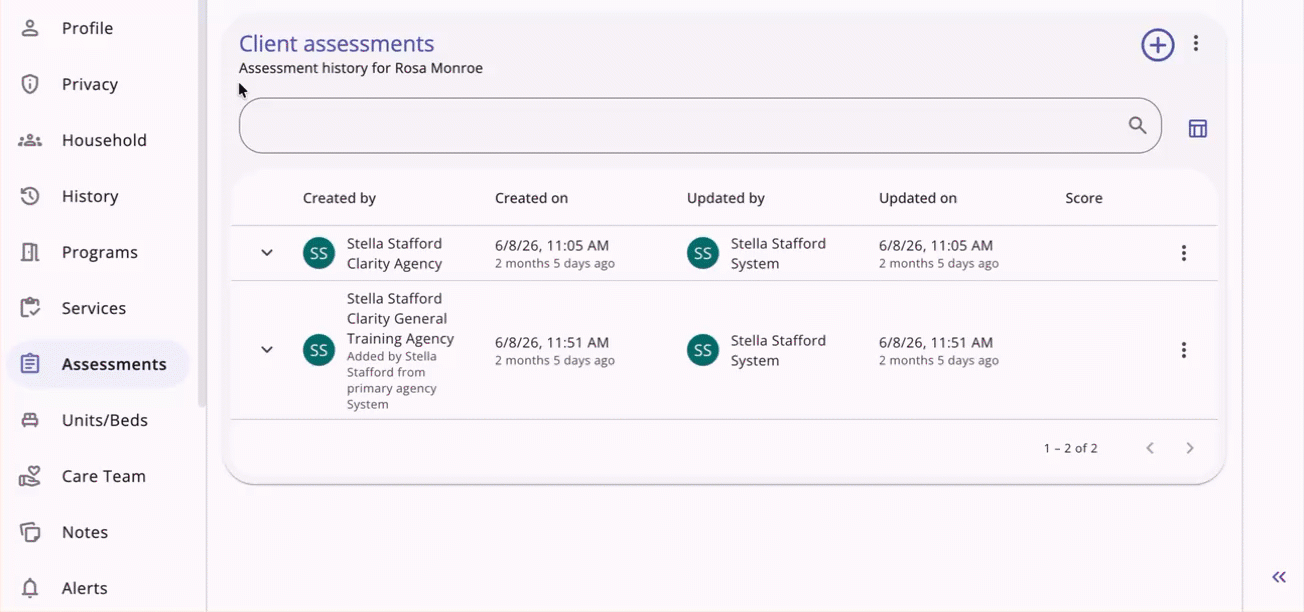 Expandable rows showing on the Assessment tab