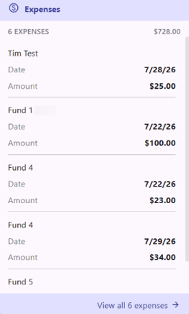 Expense popover showing a list of expenses and total