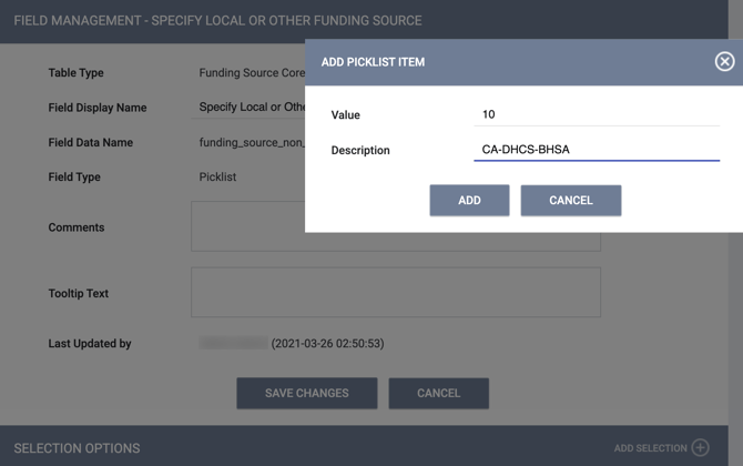 Field Management Edits for Specify Local or Other Funding Source field