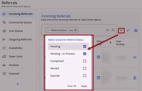 Global Referrals Tab.Multi-select Filters Example