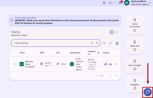 Help and Support chat widget showing on the Client Search page