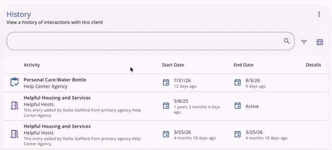 History Tab column headers with sortable arrows demonstrated