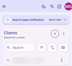 Icons and menus visible on the search page on a mobile device