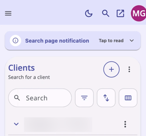 Icons and menus visible on the search page on a mobile device