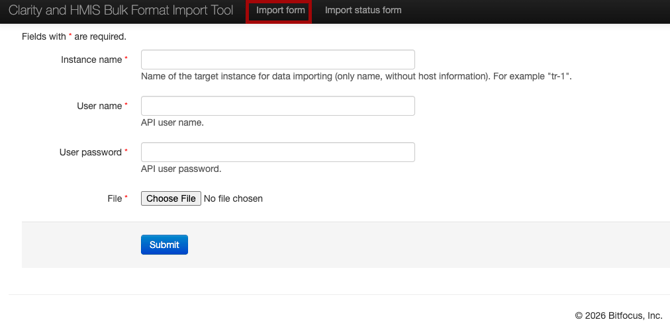 Import Data Using API Tool with Import Form showing