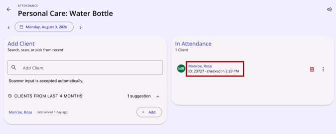 In Attendance View list showing one client with a clickable link to their record