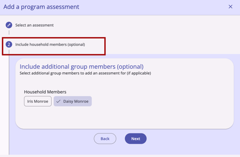 Include Household Members step of the Add program assessment workflow for a CLS