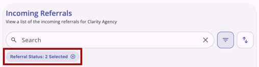 Incoming Referrals workspace showing a Filter result