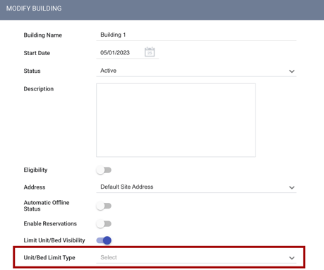 Inventory field Unit Bed Limit Type