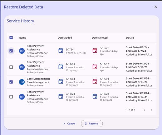 Restore Deleted Data Modal - Service