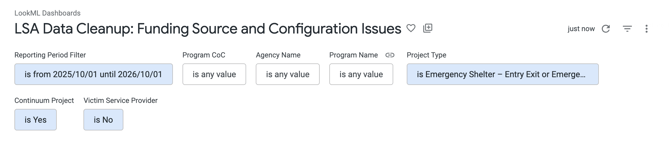 LSA Data Cleanup Funding Source and Configuration Issues dasbhoard with default filters showing