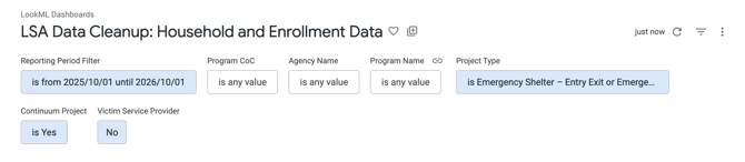 LSA Data Cleanup Household and Enrollment Data dashboard showing default filters