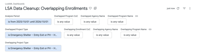 LSA Data Cleanup Overlapping Enrollments dashboard showing default filters