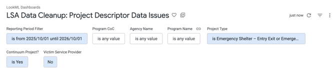 LSA Data Cleanup Project Descriptor dashboard showing the default filters