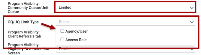 Limited Option shows Community Queue and Unit Queue Limit Types
