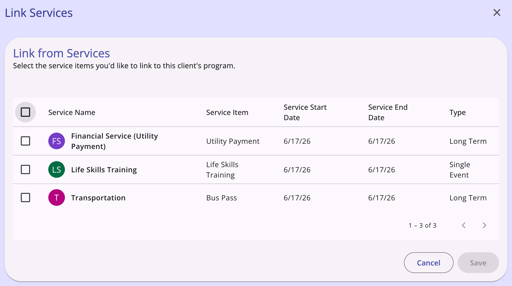 Link from Services Modal with Available Services
