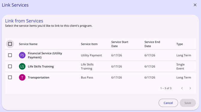 Link from Services Modal with Available Services