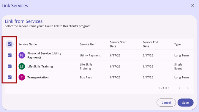 Link from Services Selecting Services to link