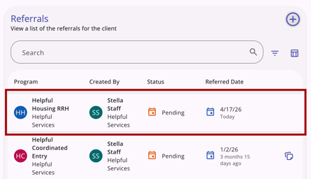 List of Referrals including the new referral