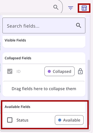 Location Tabs column selector showing the available Status field