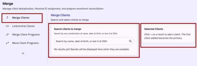 Merge Clients tab showing the Search section and Queue section