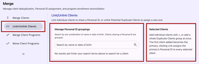 Merge Module with Link-Unlink Clients tab showing