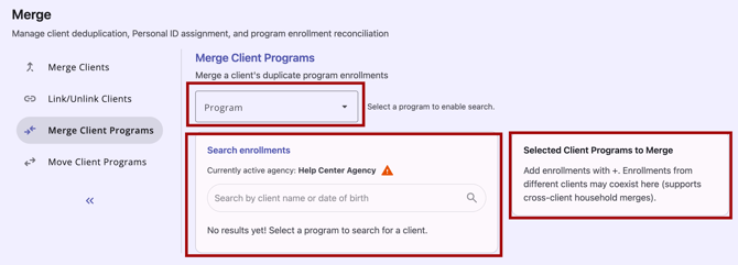 Merge Module with Merge Client Programs tab and merge areas highlighted