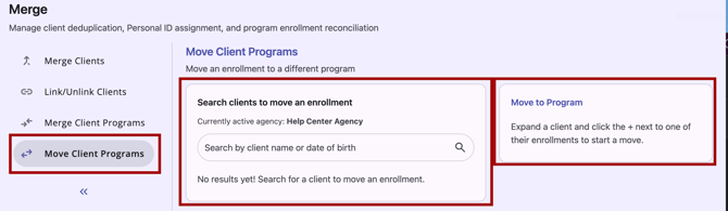 Merge Module with Move Client Programs tab and panels showing