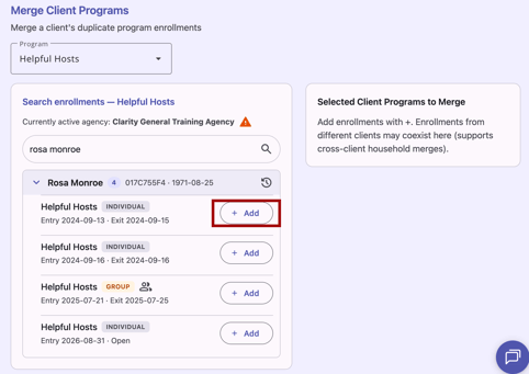 Merge client program module showing the Add button for a clients program