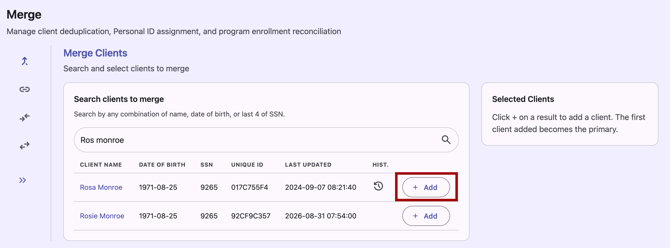Merge clients module showing the Add button highlighted