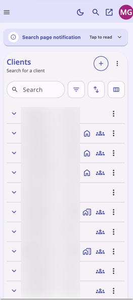 Mobile screen showing the a client search page