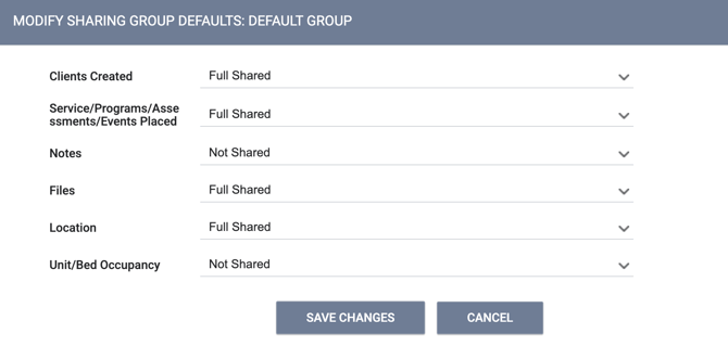 Modify Sharing Group page showing all possible settings