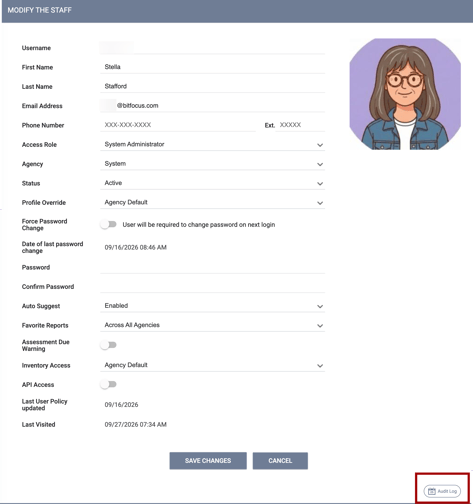 Modify the Staff settings showing the Audit log button highlighted
