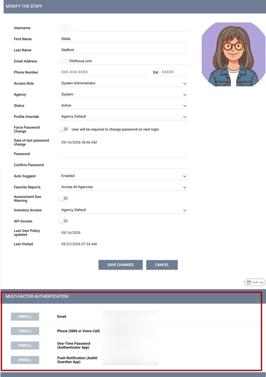 Modify the Staff settings with the Multifactor Authentication section highlighted