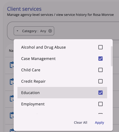 Multi-select filter for Services