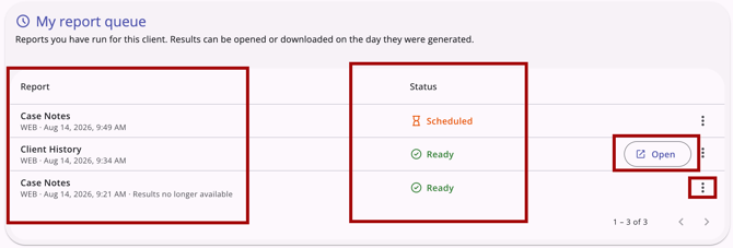 My report queue card showing all options highlighted